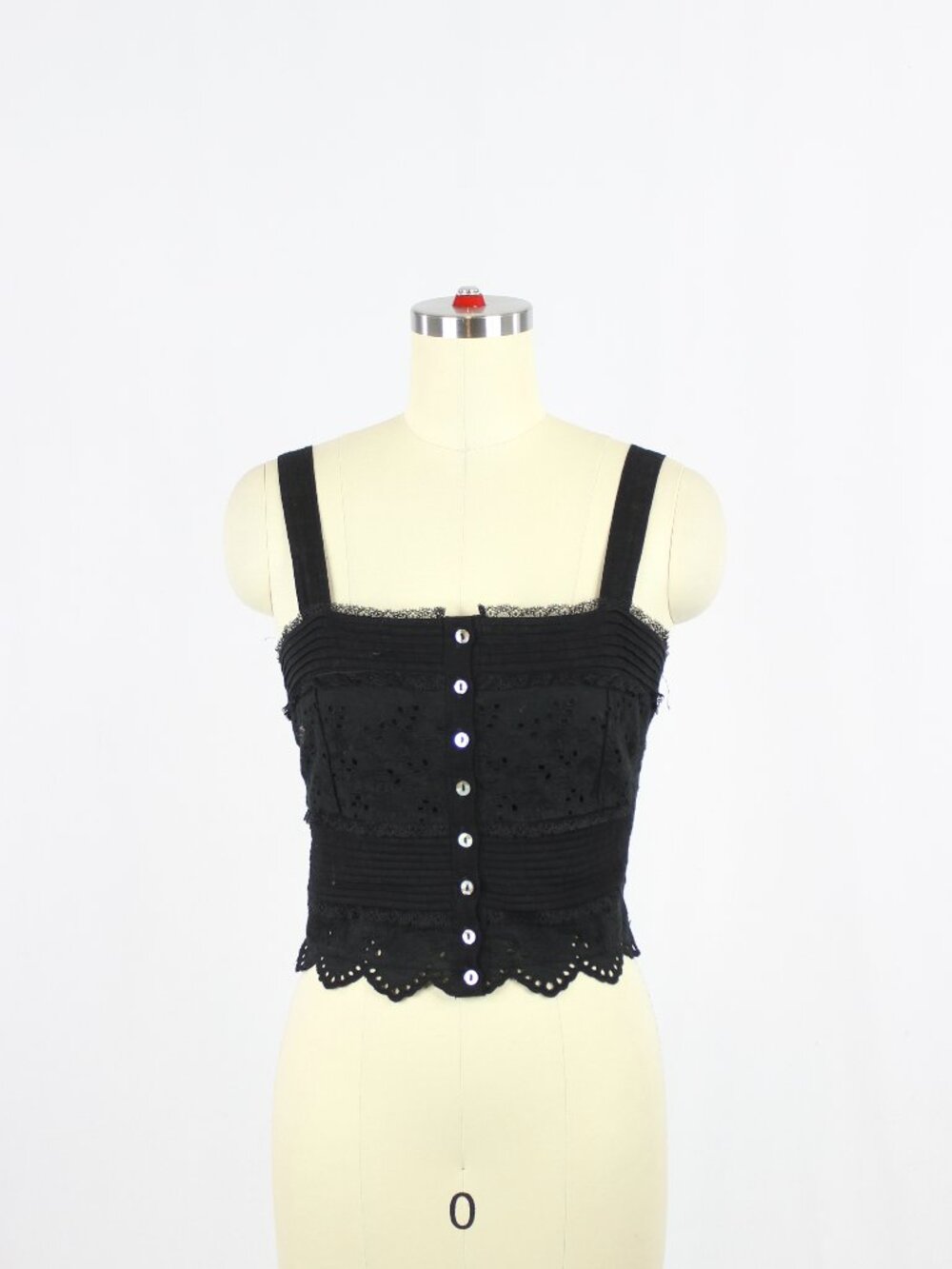 HEARTLOOM Black Embroidered Cotton Pleated Scalloped Lace Trim Tank Top, Size XS